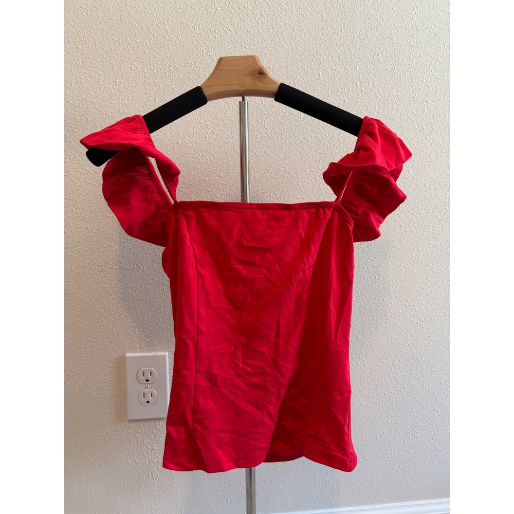 Lulus‎ Ruffle Strap Top Womens Medium Red Square Neck Romantic Off Shoulder